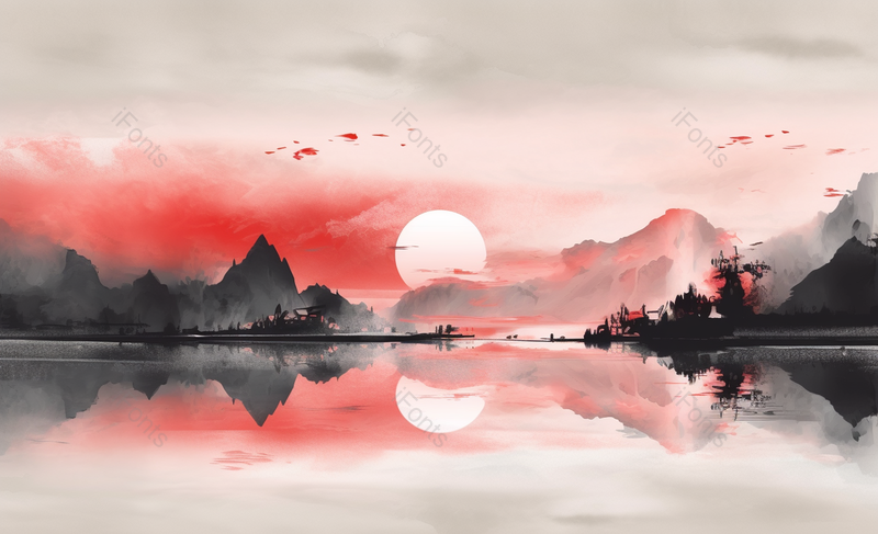 中国风国风新中式彩色水墨山水画红色的落日晚霞平静的湖面远处山峰云雾背景插画,插画/手绘图,插画/手绘图库,插画/手绘图下载,插画/手绘